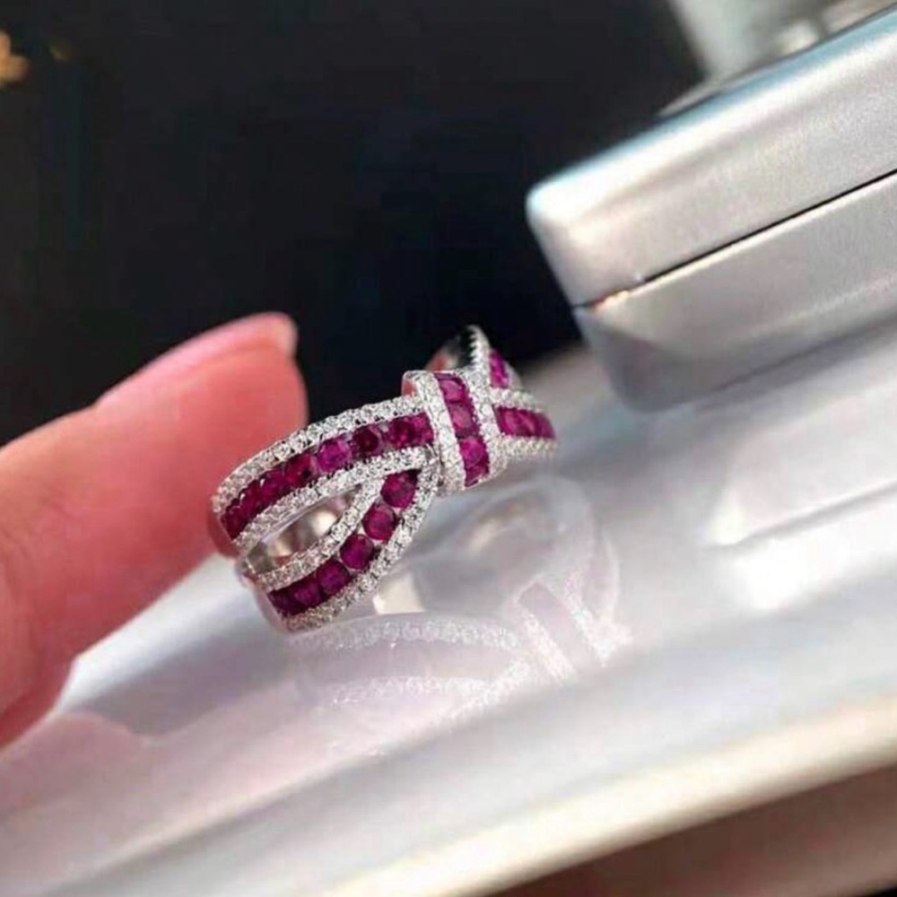 Dazzling Silver and Pink Bow Ring